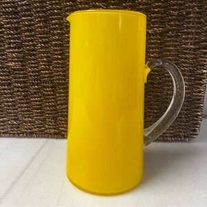 Vintage MCM Yellow Glass Beverage Pitcher With Clear Applied Handle